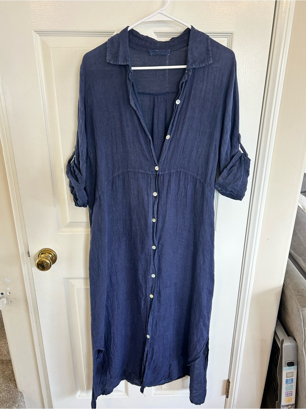 Meo Meli Linen Button Down Shirt Dress Made In Italy Indigo Blue - OS